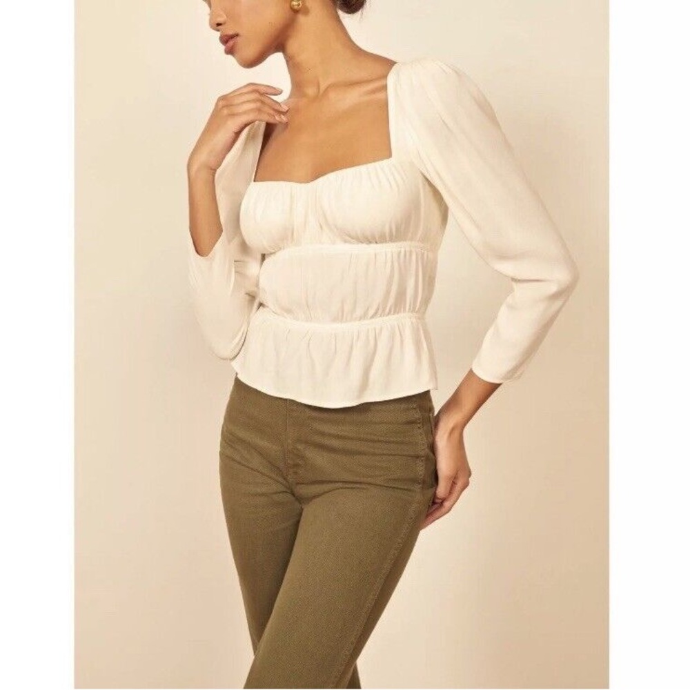 Reformation white cream Plath 3/4 sleeve square neck peasant blouse size M